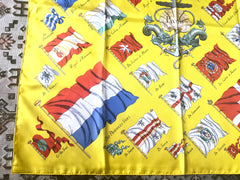 Vintage HERMES Carre large yellow silk scarf with red, blue, and white flag print. Best foulard.  PAVOIS.