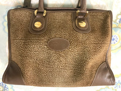 Vintage Borbonese by red wall, brown and beige leather classic bag with golden logo charm.  Unisex use. Masterpiece.