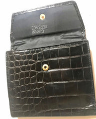 Vintage Gianni Versace black croc embossed leather wallet. Golden and silver Sunburst charm at front. Masterpiece for unisex use. 050407r8