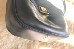 Vintage Salvatore Ferragamo dark navy leather shoulder bag with golden logo embossed motif from vara collection. Classic purse. 050406r7