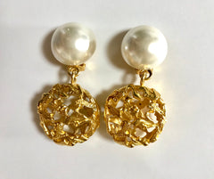 Vintage Salvatore Ferragamo white faux pearl dangle earrings with golden shoe design featured charm. Gorgesous jewelry.
