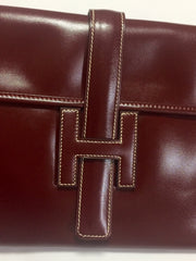 80's vintage HERMES jige, document case, dark wine, bordeaux boxcalf portfolio purse, iPad case. Classic and sophisticated style.