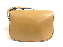 Vintage Gucci nude brown leather shoulder bag with golden and silver tone GG logo motif and wavy design flap. Classic purse. 060716r