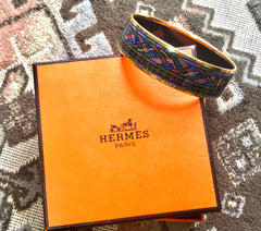 Vintage Hermes golden enamel and cloisonne bangle, bracelet with blue, purple, green etc. Scissors and woven tape motifs. 060426re