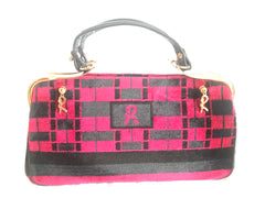 Vintage Roberta di Camerino wine red, grey, and black geometric pattern velvet handbag with golden logo charms.  060905r6