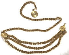 Vintage CHANEL triple layer golden chain and brown leather belt with CC and lion charms. Beautiful classic belt back in old era. R0410119