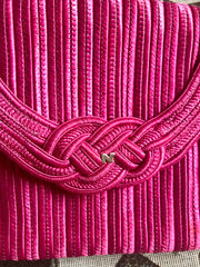 Vintage Nina Ricci hot pink tape fabric shoulder bag/clutch purse with Japanese obi motif and golden logo. So chic.