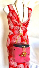 Vintage Moschino by Redwall lunchbox design red jersey and black leather handbag with golden eyelets and ball charms. 0506289