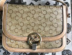 Vintage Celine beige macadam and blason pattern classic shoulder bag with golden logo motifs. Diffusion line. 050316r3