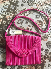 Vintage Nina Ricci hot pink tape fabric shoulder bag/clutch purse with Japanese obi motif and golden logo. So chic.