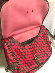 Vintage Roberta di Camerino red and brown saumur messenger shoulder bag with leather trimmings with R logo motif.  Made in USA. 060711r2