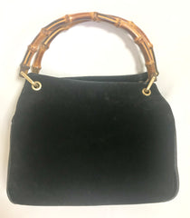 W4 Vintage Gucci black suede leather handbag with bamboo handles. Classic purse from Bamboo collection.