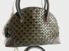 W4. Vintage Bottega Veneta brown, khaki, and black leather intrecciato bolide style handbag with tassel charms. Rare color purse. 050320r2