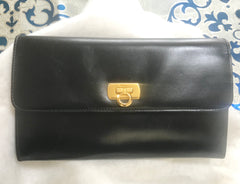 Vintage Salvatore Ferragamo Gancini black leather wallet with gold tone closure. Classic purse. 070203re1
