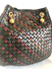 Vintage Bottega Veneta multicolor intrecciato woven lamb leather hobo shoulder bag. Brown, navy, khaki, and wine. Beautiful classic purse.