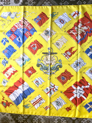 Vintage HERMES Carre large yellow silk scarf with red, blue, and white flag print. Best foulard.  PAVOIS.