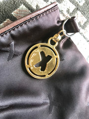 Vintage Paloma Picasso brown satin logo jacquard hobo shoulder bag with leather trimmings and golden logo charm. Classic bag for daily use.