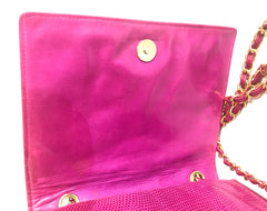 Vintage CHANEL hot pink genuine lizard leather envelop style flap shoulder bag with CC stitch mark and golden chain strap. Rare masterpiece. 050316r2