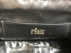 Vintage Roberta di Camerino wine red, grey, and black geometric pattern velvet handbag with golden logo charms.  060905r6