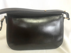 Vintage Lanvin dark brown leather elegant shoulder bag with iconic golden logo motif, Classic purse for daily use. 060620r1