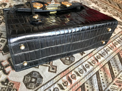 Vintage Gianni Versace black croc embossed leather Kelly style bag with Medallion Sunburst motifs. Gorgeous masterpiece. 050816f1