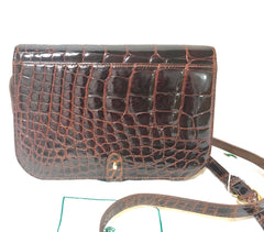 Vintage GUCCI brown crocodile leather shoulder bag with GG mark. Unisex. Rare masterpiece.