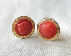 Vintage Gianni Versace orange candy earrings with gold tone frames and Medusa face. Rare jewelry piece. 0407283