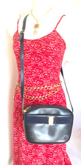 Vintage Salvatore Ferragamo dark navy leather shoulder bag with golden logo embossed motif from vara collection. Classic purse. 050406r7