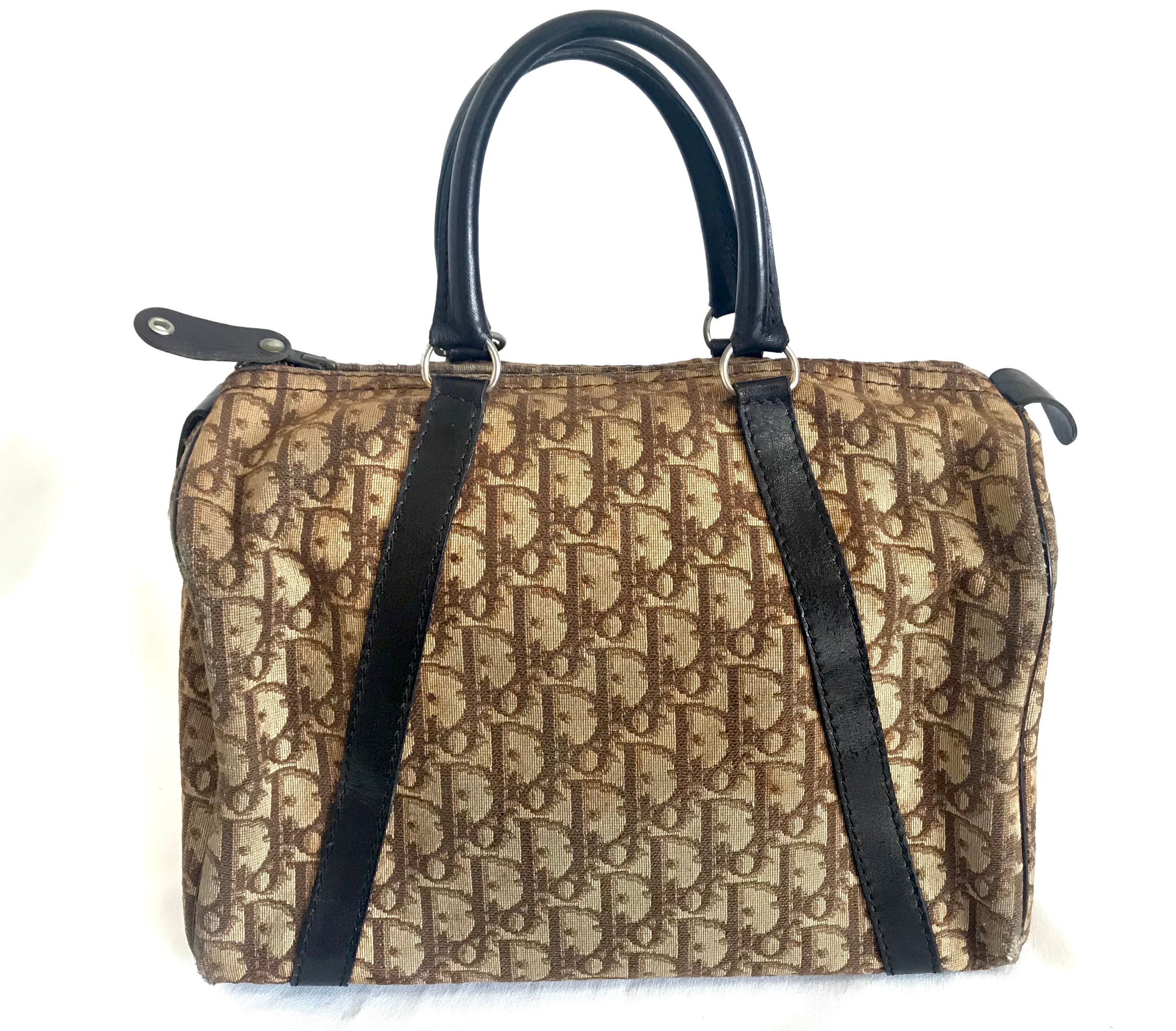 70's vintage Christian Dior brown trotter jacquard handbag. ECLAIR zippers. Classic mini speedy duffle bag.