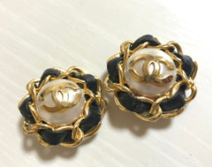 Vintage CHANEL earrings with golden CC, faux pearl, black leather and chain frame. Perfect Chanel jewelry. 050406r6