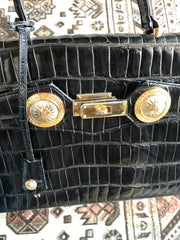 Vintage Gianni Versace black croc embossed leather Kelly style bag with Medallion Sunburst motifs. Gorgeous masterpiece. 050816f1