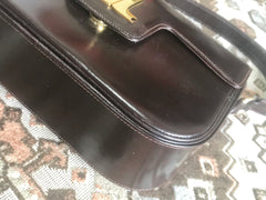 Vintage Lanvin dark brown leather elegant shoulder bag with iconic golden logo motif, Classic purse for daily use. 060620r1