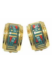 Vintage Hermes cloisonne golden earrings with green and red. Hermes ribbon. Great gift idea.0410281