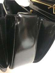 Vintage MOSCHINO black patent enamel Kelly style handbag with M logo and heart motifs. Masterpiece by Redwall. 050323re4