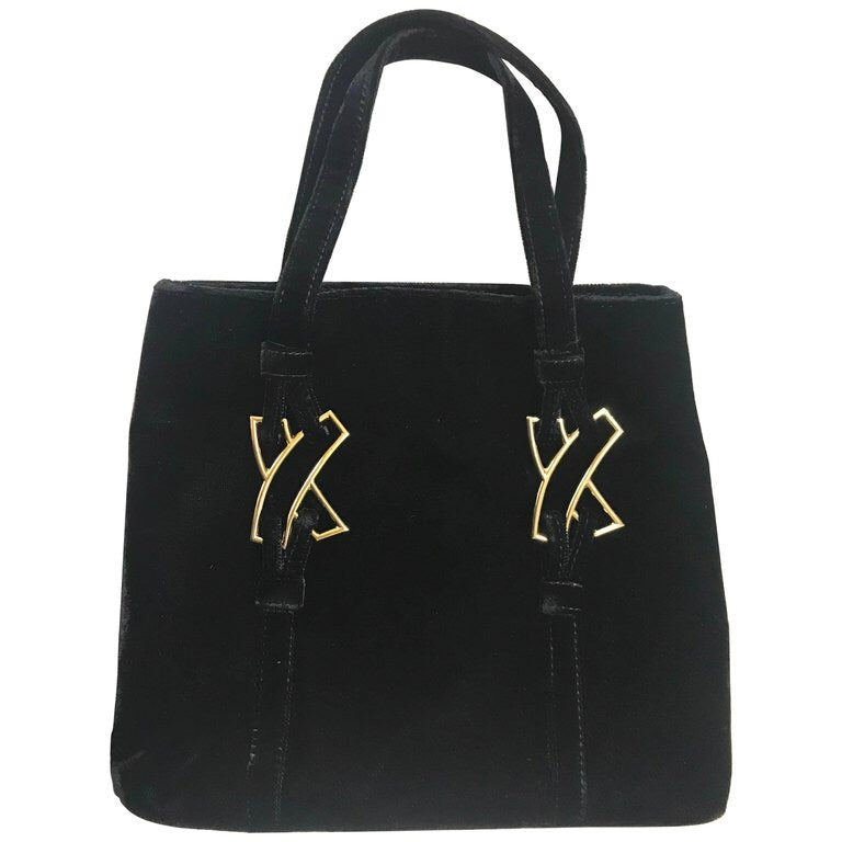 MINT. Vintage Paloma Picasso black velvet tote bag with golden logo motifs. Perfect casual use bag. 061105re3