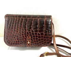 Vintage GUCCI brown crocodile leather shoulder bag with GG mark. Unisex. Rare masterpiece.