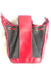 Vintage Yves Saint Laurent  red and grey hobo bucket shoulder bag with leather trimmings and golden logo plate. YSL classic purse. 050323re6
