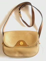 Vintage Christian Dior nude beige leather purse, shoulder bag with golden Dior motif. Classic purse. 0506286