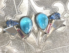 Vintage Christian Lacroix silver and blue earrings. Blue and pink crystal stones. Rare statement jewelry. Great gift.  0506302