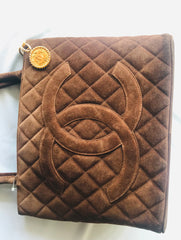 Vintage CHANEL brown suede classic tote bag with large CC mark and golden CC medal charm to the zipper. Classic purse for daily use.