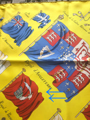 Vintage HERMES Carre large yellow silk scarf with red, blue, and white flag print. Best foulard.  PAVOIS.