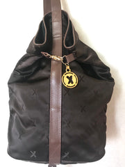 Vintage Paloma Picasso brown satin logo jacquard hobo shoulder bag with leather trimmings and golden logo charm. Classic bag for daily use.