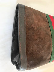 80's Vintage Gucci brown suede leather classic makeup, cosmetic, toiletry pouch, clutch purse  with green and red webbing. Gucci Parfums.