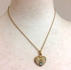 Vintage LANVIN golden skinny chain necklace with heart logo charm pendant top with clear crystals and blue crystal. 080323re1