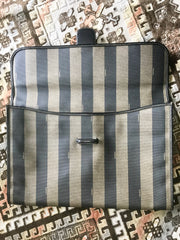 Vintage Fendi gray pecan stripe portfolio document bag, large clutch bag with black leather trimmings. Classic purse for unisex use.