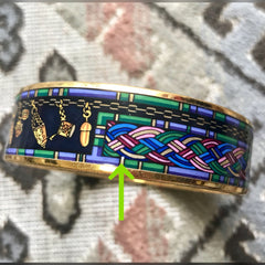 Vintage Hermes golden enamel and cloisonne bangle, bracelet with blue, purple, green etc. Scissors and woven tape motifs. 060426re