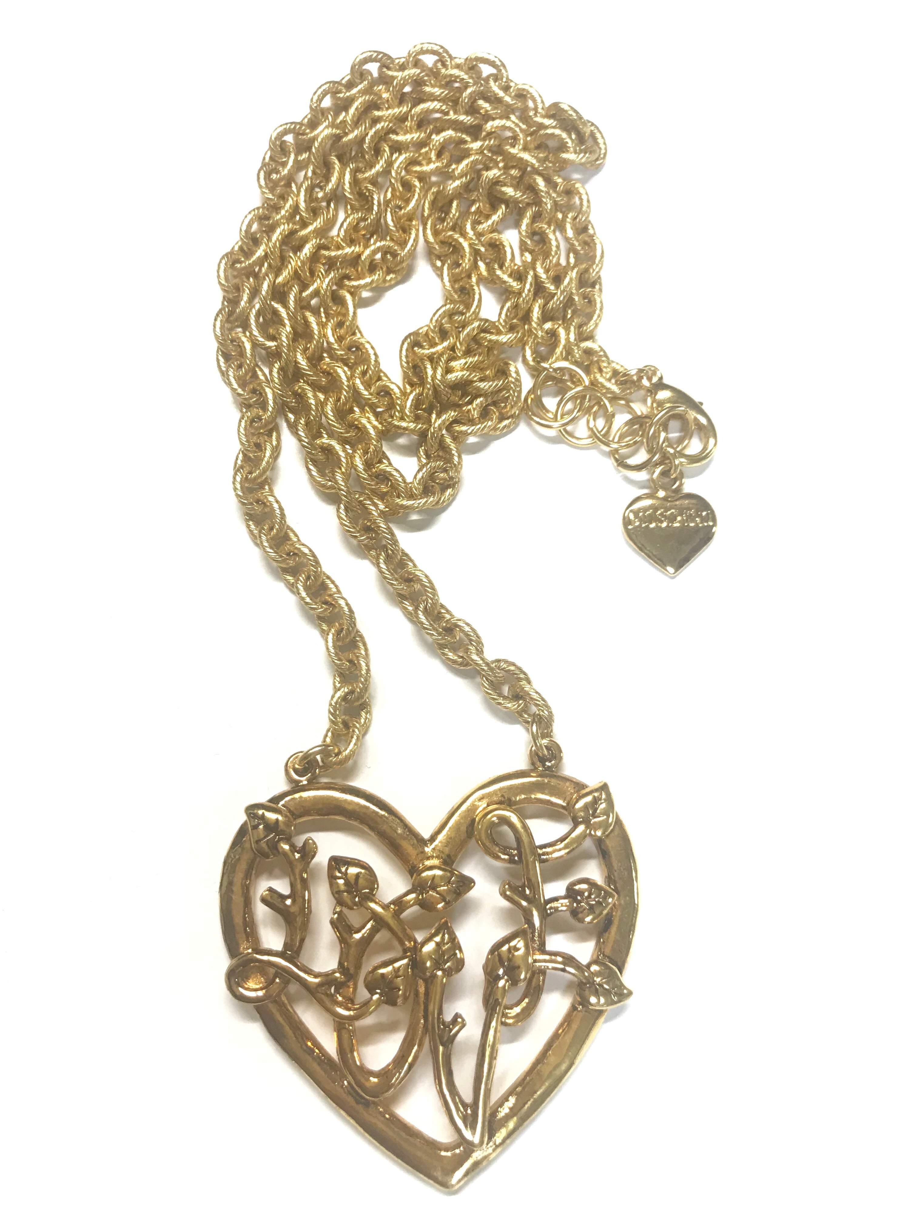 Vintage Moschino golden chain necklace with large arabesque heart design pendant top. Moschino BIJOUX jewelry.