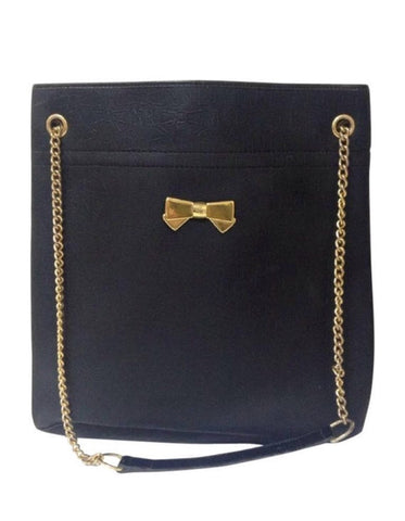 Vintage Nina Ricci black tote bag with golden chain straps with golden logo bow, ribbon shape motif. Perfect daily purse