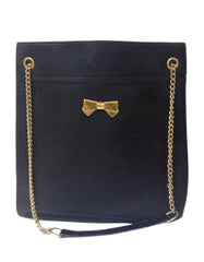 Vintage Nina Ricci black tote bag with golden chain straps with golden logo bow, ribbon shape motif. Perfect daily purse