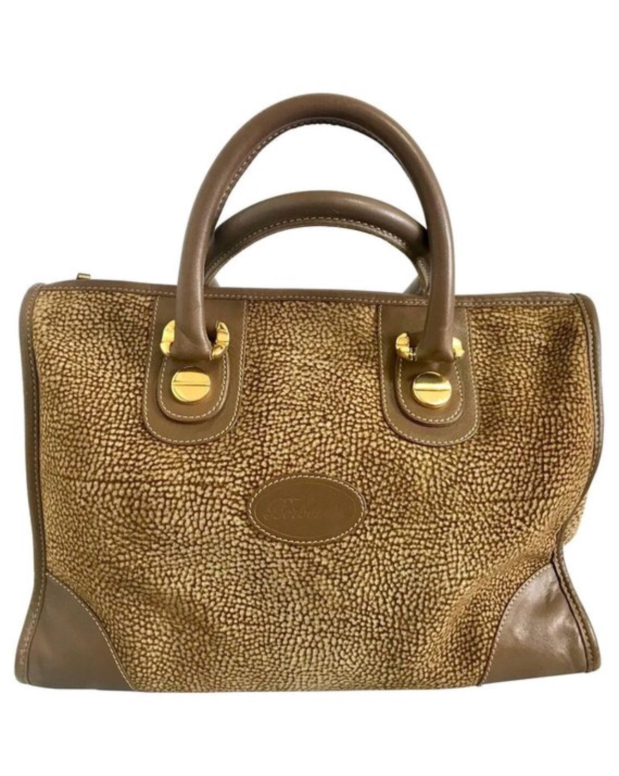 Vintage Borbonese by red wall, brown and beige leather classic bag with golden logo charm.  Unisex use. Masterpiece.